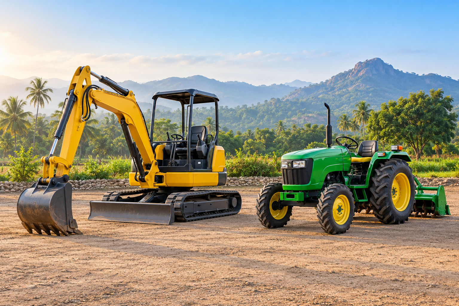 An excavator and tractor illustrating machinery rentals