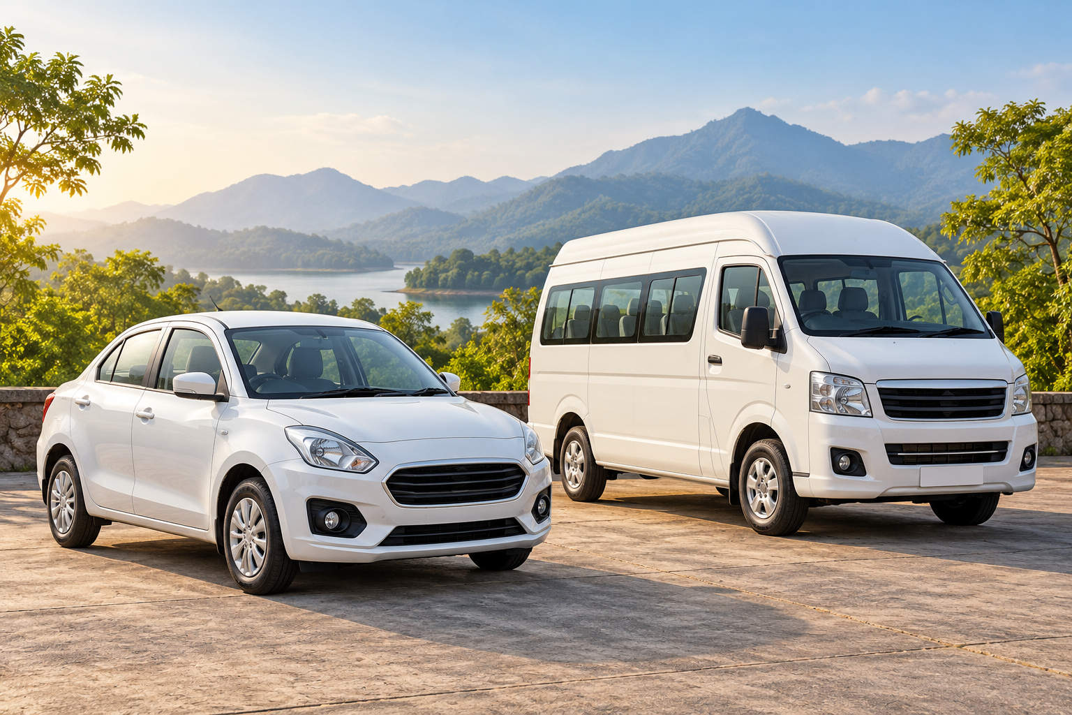 A car and passenger van illustrating vehicle rentals